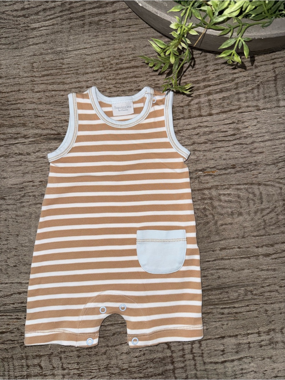 Squiggles by Charlie tank romper outfit size 0-3 months tan white & blue stripe